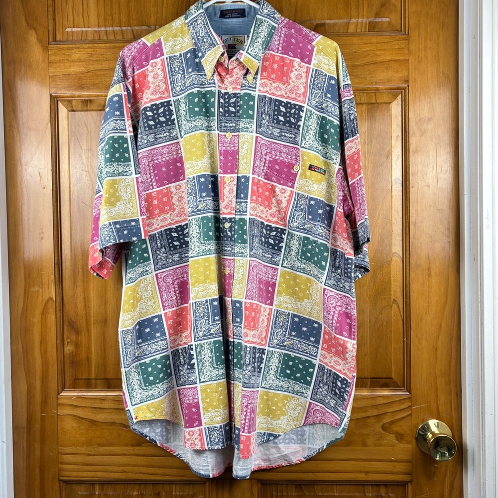 Cutter & Buck Mens XL Patchwork Bandana Paisley Short Sleeve Button Down Shirt